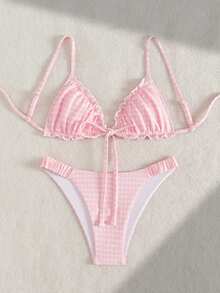 Swim Mod Conjunto de bikini de 2 piezas de color rosa vibrante con frente de volantes con textura, lazo en la cintura y plisado, de moda dulce y elegante para fiestas, verano y vacaciones en la playa - Rosa - Ver 4