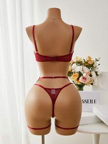 Esselle Bộ đồ lót lưới thêu gợi cảm 5 món cho nữ khi đi chơi - Màu Đỏ Sâu - Xem 2