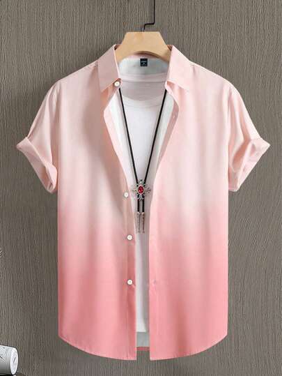 NEOREFINED Plus Size Men's Ombre Print Short Sleeve Shirt, Loose Casual Vacation Style Top, Ombre Print Casual Short Sleeve Shirt, Summer Plus Size Men's Casual Shirt