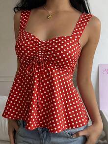 CovetEZ Top casual de mujer con estampado de lunares rojos y pliegues retorcidos - Rojo - Ver 3