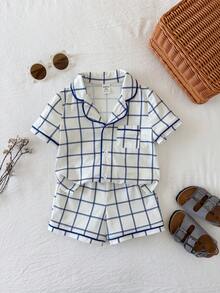 SHEIN 男女宝宝两件套休闲可爱格子家居服套装，衬衫上衣和短裤，婴儿睡衣，适合居家休闲、睡眠和日常户外活动，春夏款 - 白色 - 查看 4