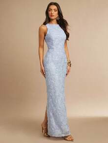 Silquee Light Blue Textured Jacquard Sleeveless Party Dress For Summer,Elegant Square Neck Backless Wedding Guest Attire For Weddings&Graduation Events - Blue - View 6