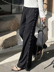 FRIFUL Women's Casual Vacation Solid Color Lace Trim Loose Wide Leg Pants - Black - View 2