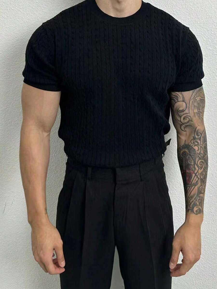 Manfinity Homme Men's Plus Size Black Summer Casual Smart Cable Knit Top, Short Sleeve Ribbed Top For Dates, Formal Commute Linen, Golf Holiday Beach Wear - Multicolor - View 1