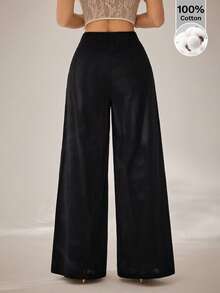 SHEIN PETITE Women's Simple Casual High-Waisted Wide-Leg Cotton Trousers, Suitable For Back-To-School And Commuting - Black - View 2