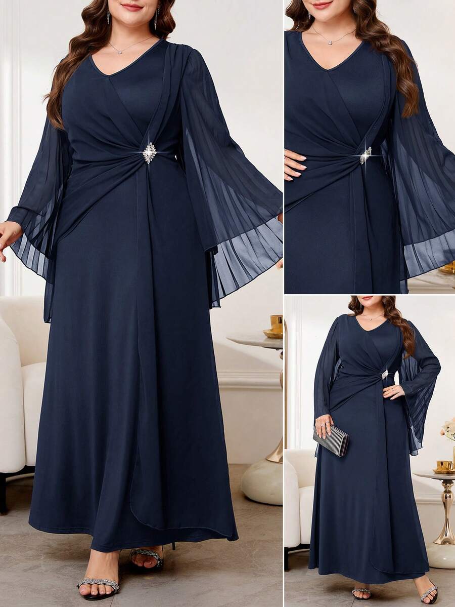 Reflora Plus Size Women V-Neck Faux Pearl Decor Ruched Casual Elegant Party Dinner Formal Wedding Guest Dress Navy Blue Autumn Fall - Navy Blue - View 1