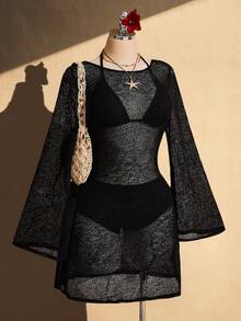 SHEIN ICON 大码女式纯色圆领喇叭袖性感连衣裙 - 黑色 - 查看 3