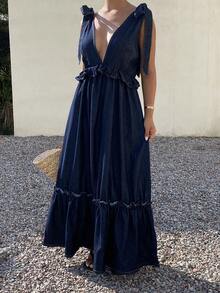 Livesso Đầm denim gợi cảm, đa năng, có bèo nhún và thắt eo, dành cho nữ. - Màu be - Xem 3