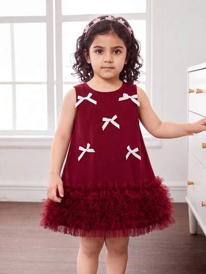Glamorique Kids Vestido sin mangas de malla rosa con volantes y lazo con decoración de coche para bebés niñas, estilo coreano, para verano