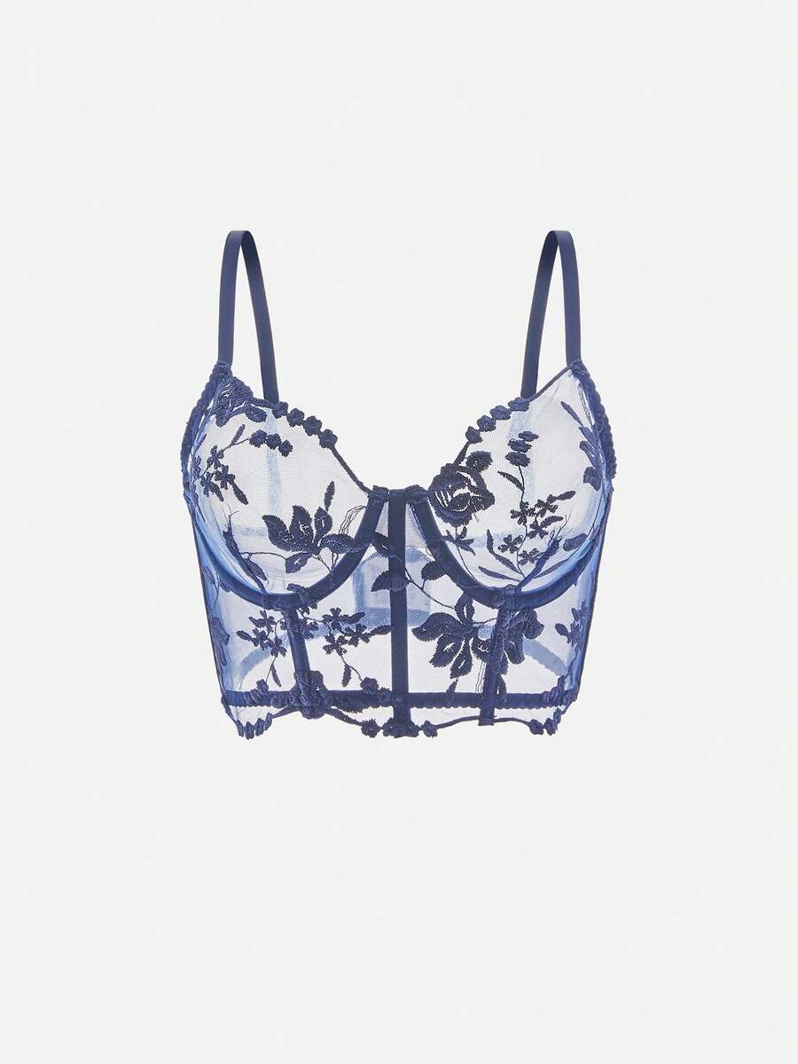 Bella Beso 海軍藍花卉刺繡性感半透明女款內衣 夏季適用 - 查看 1