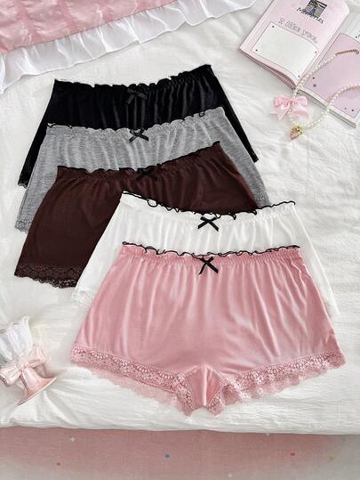 PetitDoll 5pcs/Set Plus Size Women Casual Ruffled Waist Lace Trim Ribbed Hem Boxer Briefs, 3 Colors