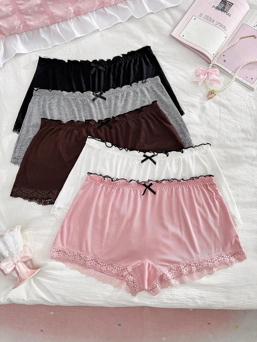 PetitDoll Set de 5 calzoncillos tipo bóxer para mujer de talla grande con cintura con volantes, ribete de encaje y dobladillo acanalado, 3 colores - Multicolor - Ver 1
