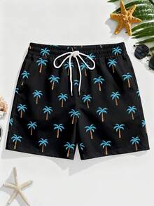 VIVINTIMO Shorts de playa cortos con estampado de palmeras negras para hombres, adecuados para vacaciones en la isla, resort de Hawái, regalo pensado para el novio - Multicolor - Ver 2