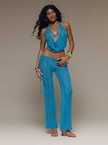 MUSERA Top de cuello de crochet con lentejuelas, cuentas y punto para vacaciones de verano, festivales, raves, playa y carnaval - Azul - Ver 3