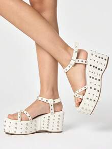ROMWE Grunge Punk Ladies, Spike Buckles, Lame-Heeled Platform Sandals. - White - View 4