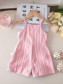 SHEIN Playful Pals 女婴休闲无袖弹力腰短款连体衣，纯色纹理面料，饰有3D蝴蝶结，夏季粉色 - 粉色 - 查看 2