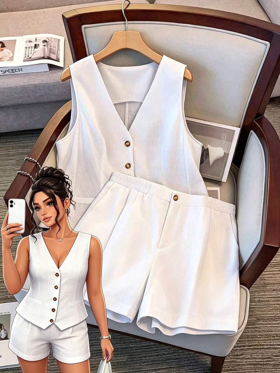 GlowEve CURVE Bộ 2 món áo sơ mi không tay cổ chữ V đơn giản mùa hè dành cho nữ cỡ lớn và quần short - Màu be - Xem 1