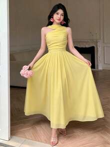 Modelyn Váy màu vàng thanh lịch, lệch vai, xếp ly ở eo. - Màu vàng - Xem 5