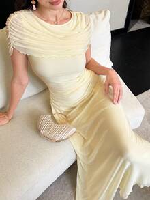 Modelyn Vestido elegante con volantes y lazo en la espalda de gasa amarillo pálido, vestido de novia maxi de estilo francés elegante para mujeres - Amarillo claro - Ver 7