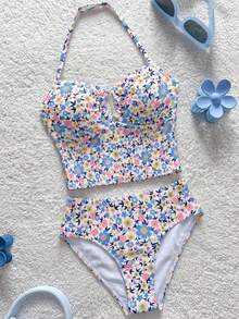 SHEIN Bộ đồ bơi 2 mảnh gồm áo tankini cổ yếm họa tiết hoa nhí cho bé gái và thiếu niên, có khóa kim loại trang trí, kiểu dáng ngọt ngào và thời trang, phù hợp cho nhiều dịp, xuân/hè, đi biển, bộ đồ bơi trẻ em, kỳ nghỉ hè. - Màu xanh lam - Xem 9
