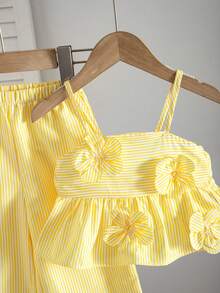 Babygirl Cute Vacation Casual Striped Bow Decor Camisole & Elastic Waist Pants Set - Yellow - View 4