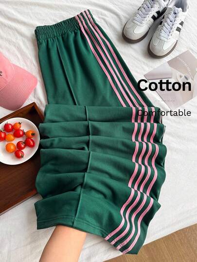 Comfortcana Plus Size Women Casual Sporty Sports Style Retro College Dark Green Sweatpants With Pockets, Soft Cotton Blend Comfortable For Daily Wear Workout Autumn
