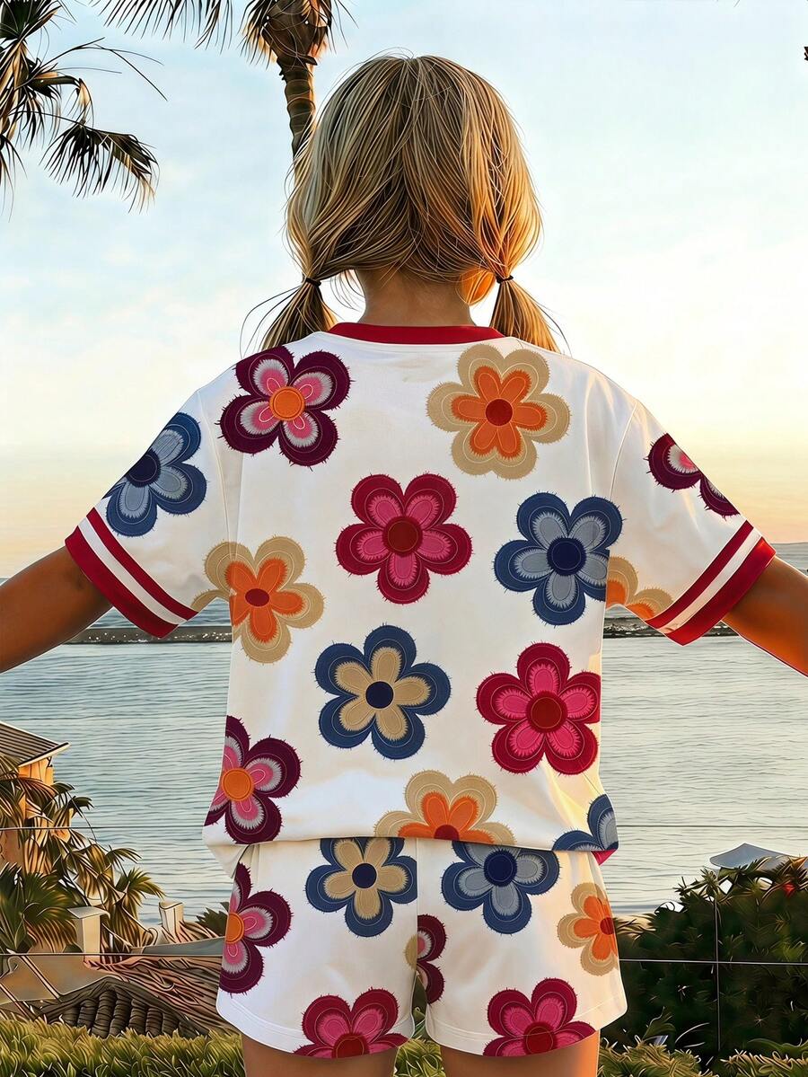 两件套少女休闲简约短袖上衣和短裤套装，适合夏季穿着 - 彩色 - 查看 1