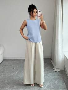 Selianne 2pcs/Set Women's Summer Elegant Work Outfit,Bamboo Fiber Sleeveless Top & Wide Leg Pants,Light Blue And White Dual-Color Casual Commuter Top & Pants - Blue - View 5