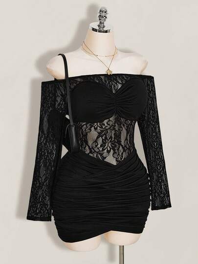SHEIN ICON Vestido de encaje con hombros descubiertos para mujer de talla grande