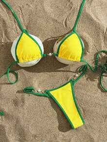 Swim Vcay Swimsuits For Woman Summer Beach Rib Binding Trim Halter Micro Triangle Bikini Yellow Bikini Set Brazilian Bikini Set Lemon Bikini Yellow Bathing Suits String Bikini Set - Yellow - View 4
