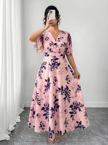 SHEIN Elenzya 大码优雅印花连衣裙，夏季 - 淺粉色 - 查看 5