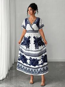 Elenzga Plus Size Elegant Commuter Floral & Polka Dot Print Dress, Summer - Navy Blue - View 5