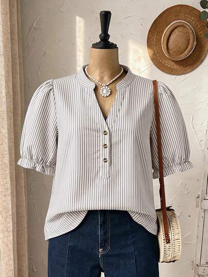 Rusticease Plus Size Women Striped V-Neck Casual Versatile Daily Wear Shirt