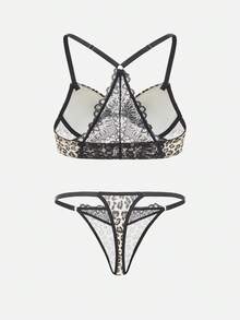 Bella Beso Bộ áo ngực có đệm mút, phối ren họa tiết da báo, kiểu dáng racerback, được chế tác tinh xảo. - Nhiều màu - Xem 2