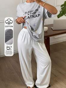 Livesso Set de 2 piezas de pijama de verano con camiseta de manga corta holgada con estampado gráfico y pantalón recto largo para mujer - Gris - Ver 1