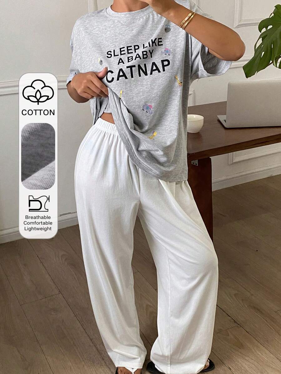 Livesso Set de 2 piezas de pijama de verano con camiseta de manga corta holgada con estampado gráfico y pantalón recto largo para mujer - Gris - Ver 1
