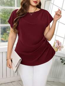 Reflora Plus Size Elegant Solid Color Ruched Blouse For Commuting, Summer - Burgundy - View 2