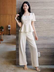 DAZY Bộ 2 món gồm áo hai dây và quần ống đứng kiểu dáng thành thị dành cho nữ, thích hợp mặc đi làm vào mùa xuân và mùa hè. - Màu be - Xem 3
