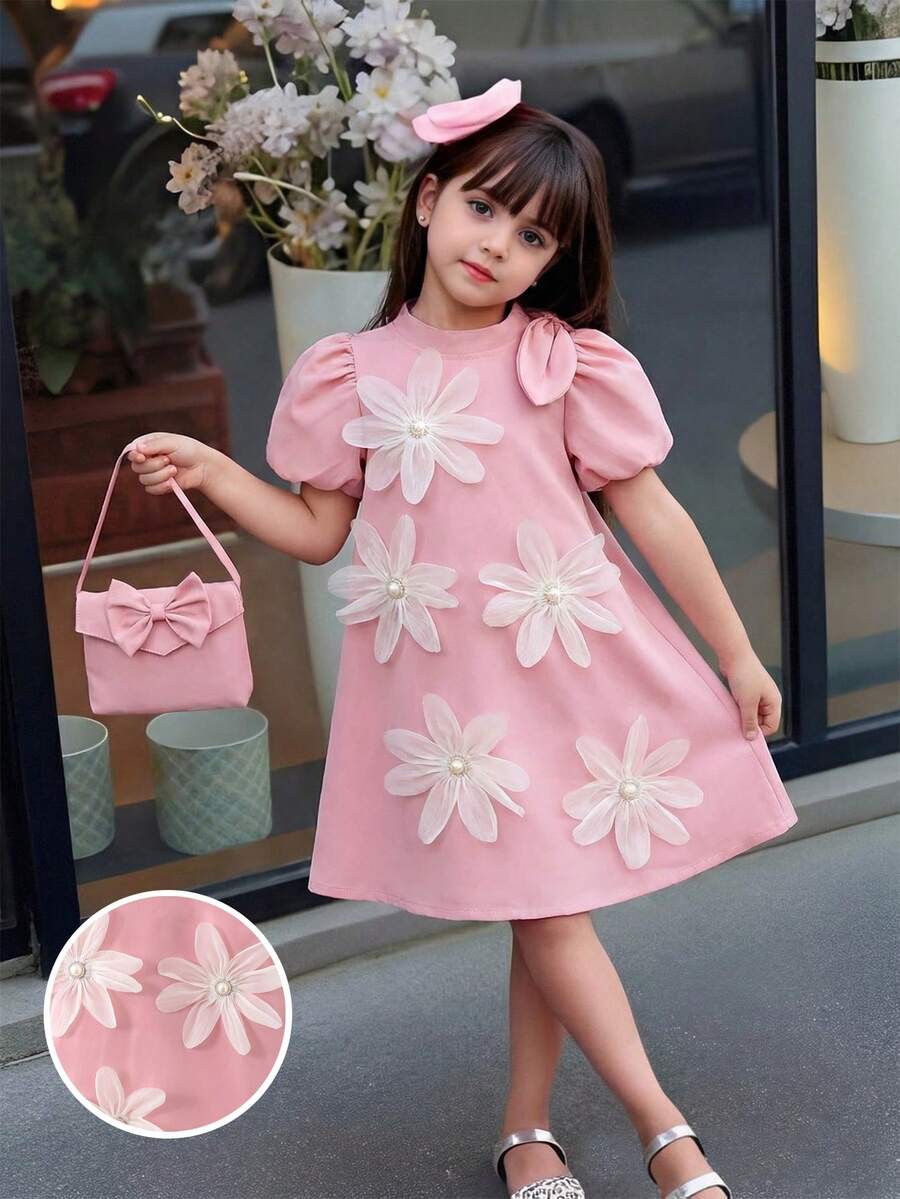 Elladie kids 小女孩优雅连衣裙,配蝴蝶结装饰手提包,泡泡袖大蝴蝶结3D花朵设计连衣裙,适合休闲、度假、派对等场合。 - 粉色 - 查看 1