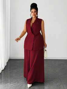 Maweii Setelan Rompi Kancing Ganda Elegan Ukuran Plus & Celana Panjang Lebar, Pakaian Kantor/Perjalanan - Burgundy - View 4
