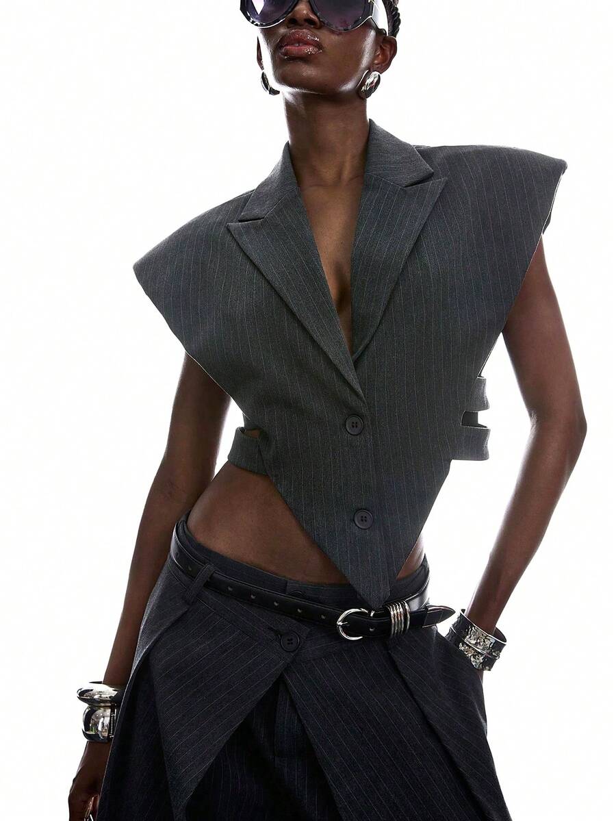 LYSMO 2026 New Arrive Minimalism Business Casual Spring/Summer Women's Dark Grey Lapel Sleeveless Short Summer Thin Blazer Office Night Out Punk - Dark Grey - View 1