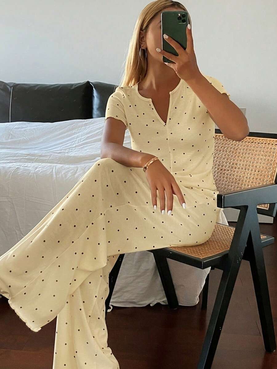 DAZY 2pcs/Set Women's Polka Dot V-Neck Short Sleeve T-Shirt And Loose Straight Long Pants Pajama Set, Summer - Yellow - View 1