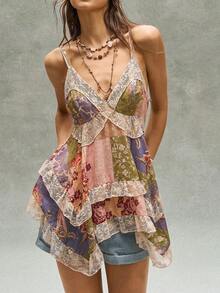 Bohemela Áo hai dây nữ kiểu dáng thường ngày, dệt ghép mảnh, viền ren, vạt áo bất đối xứng. - Nhiều màu - Xem 6