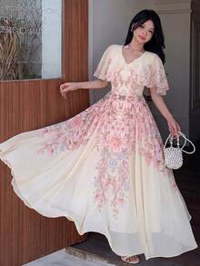 Modelyn 女士V领披肩式设计收腰喇叭形印花雪纺连衣裙 - 彩色 - 查看 4