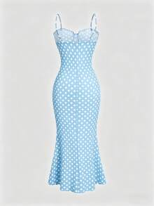 Sweetra Vestido de tirantes con estampado de lunares y bajo de cola de pez, elegante y de talla grande, para verano - Celeste - Ver 2