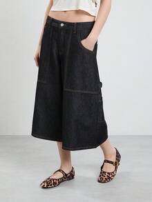 COUREZ 水洗色工裝細節滑板牛仔短褲/Y2K女款夏季外出穿搭 夏日下身穿搭 夏日女裝 夏日短褲 - 黑色 - 查看 4