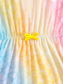 SHEIN Girls'Lightweight Chiffon Cover Up,Rainbow Ombre Mermaid Scale Print,Batwing Sleeve,Drawstring Waist,Ruffle Hem,Summer,Beach,Family Vacation,Holiday - Multicolor - View 4