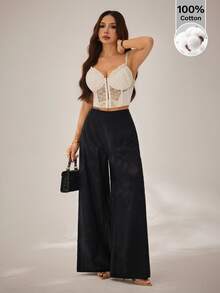 SHEIN PETITE Women's Simple Casual High-Waisted Wide-Leg Cotton Trousers, Suitable For Back-To-School And Commuting - Black - View 3