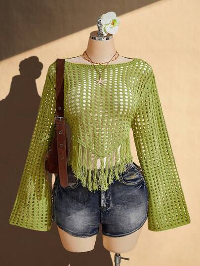 SHEIN ICON Women's Plus Size Spring/Summer Retro Sexy Simple Casual Fashionable Individual Millennial Style Y2K Beach Vacation Party Breathable Mesh Crochet Pointed Hem Tassel Bell Sleeve Green Knit Top