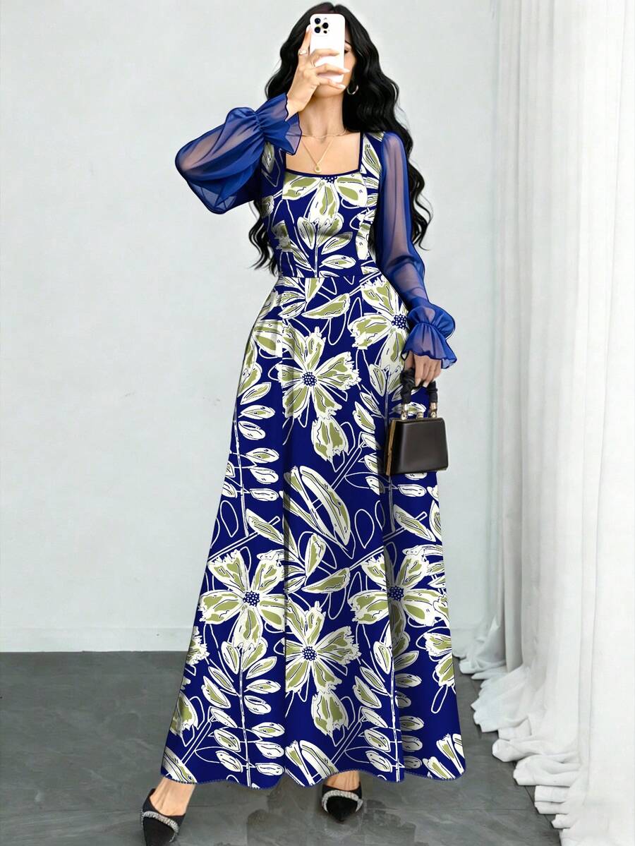 Modelyn 花卉植物线条印花藏蓝色连衣裙,女士时尚方领灯笼袖设计连衣裙,夏季收腰长款优雅连衣裙,适合夏季度假和日常穿着。 - 彩色 - 查看 1